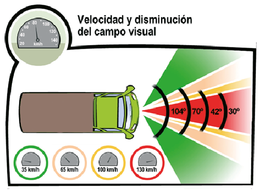 El esquema entrega cuatro valores: 104° a 35 km/h, 70° a 65 km/h, 42° a 100 km/h y 30° a 130 km/h. A 100 km/h el conduct