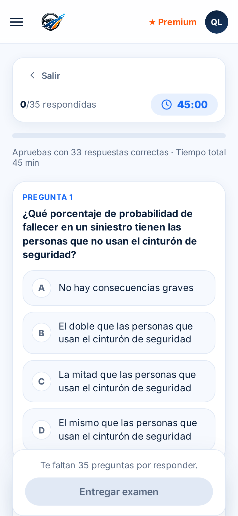 Simulacro del examen Clase B con temporizador de 45 minutos