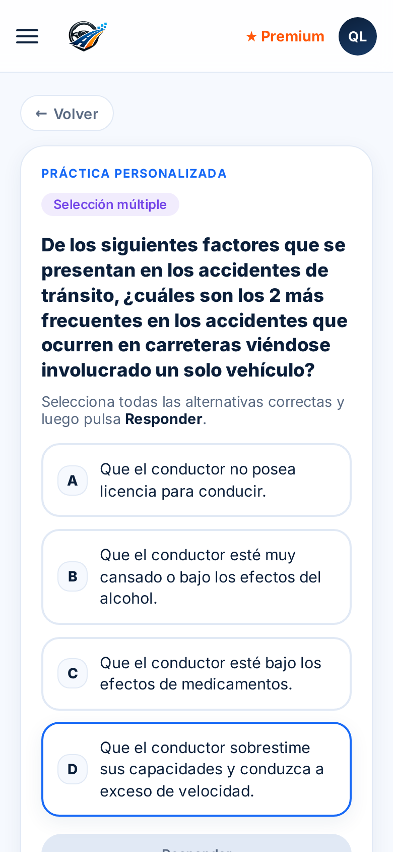 Pantalla de práctica de preguntas Clase B en ApruebaTest