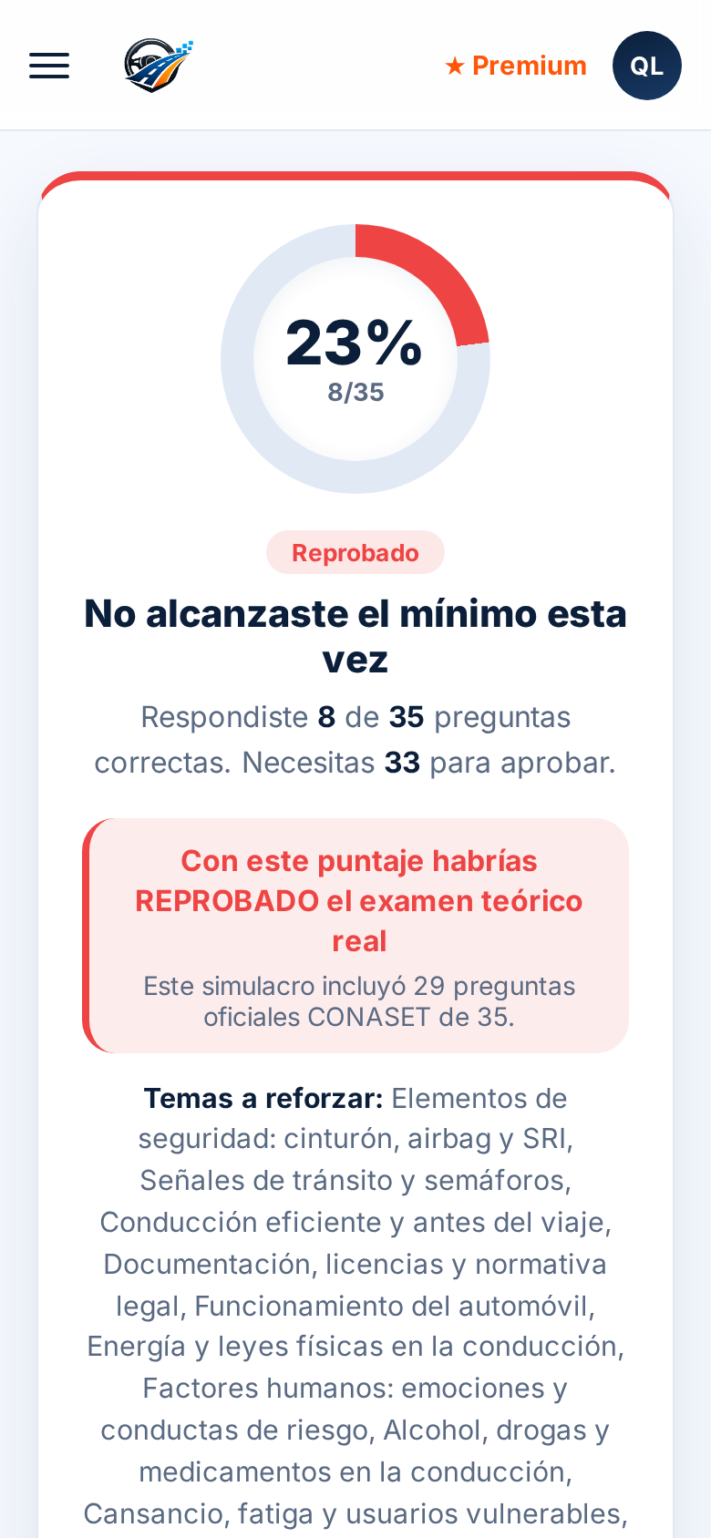 Pantalla de resultado y análisis de errores del examen Clase B